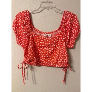 ROXY Red White Yellow Polka Dot Puff Sleeve Drawstring Crop Top Women's‎ M